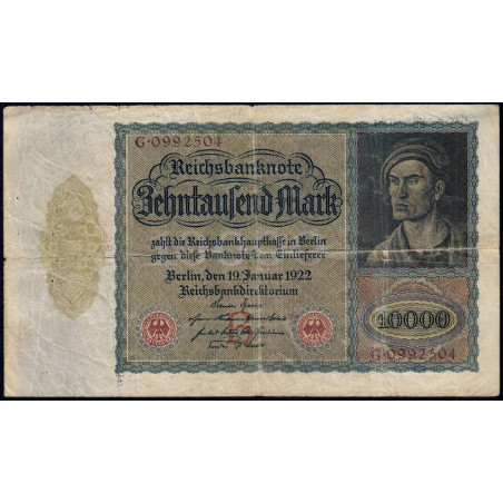 Allemagne - Pick 70_2 - 10'000 mark - Lettre B - Série G - 19/01/1922 - Etat : TB