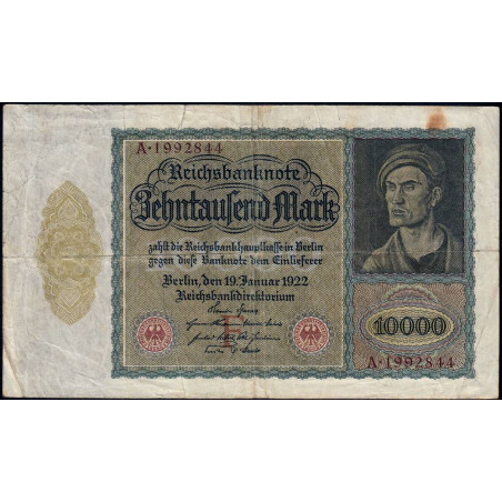 Allemagne - Pick 70_6 - 10'000 mark - Lettre F - Série A - 19/01/1922 - Etat : TB-