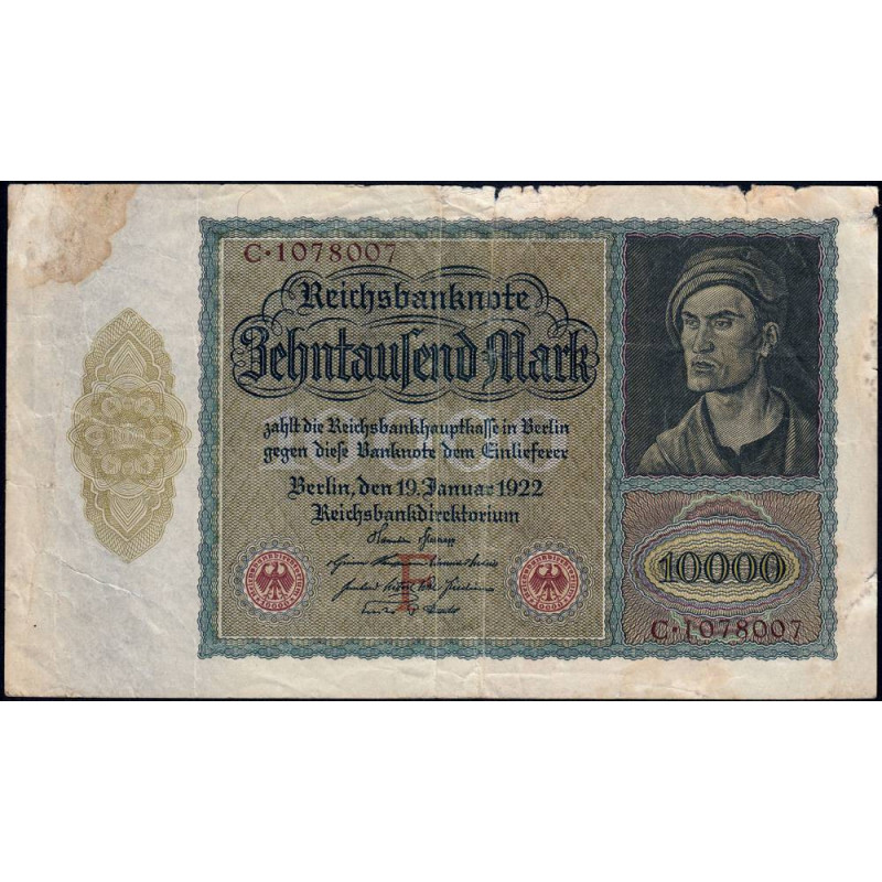 Allemagne - Pick 70_6 - 10'000 mark - Lettre F - Série C - 19/01/1922 - Etat : B+