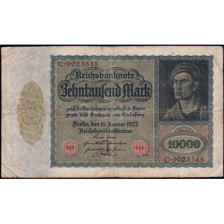 Allemagne - Pick 70_9 - 10'000 mark - Lettre J - Série C - 19/01/1922 - Etat : TB-