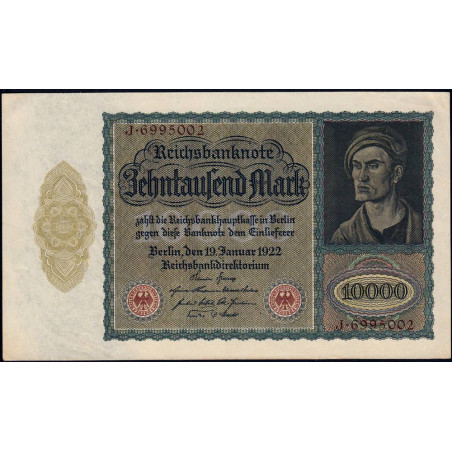 Allemagne - Pick 71 - 10'000 mark - Série J - 19/01/1922 - Etat : SPL
