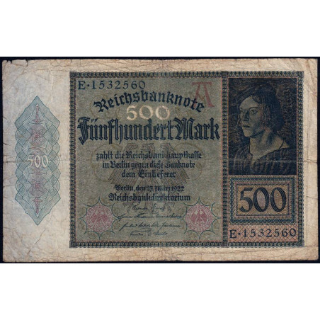 Allemagne - Pick 73 - 500 mark - 27/03/1922 - Lettre A - Série E - Etat : B