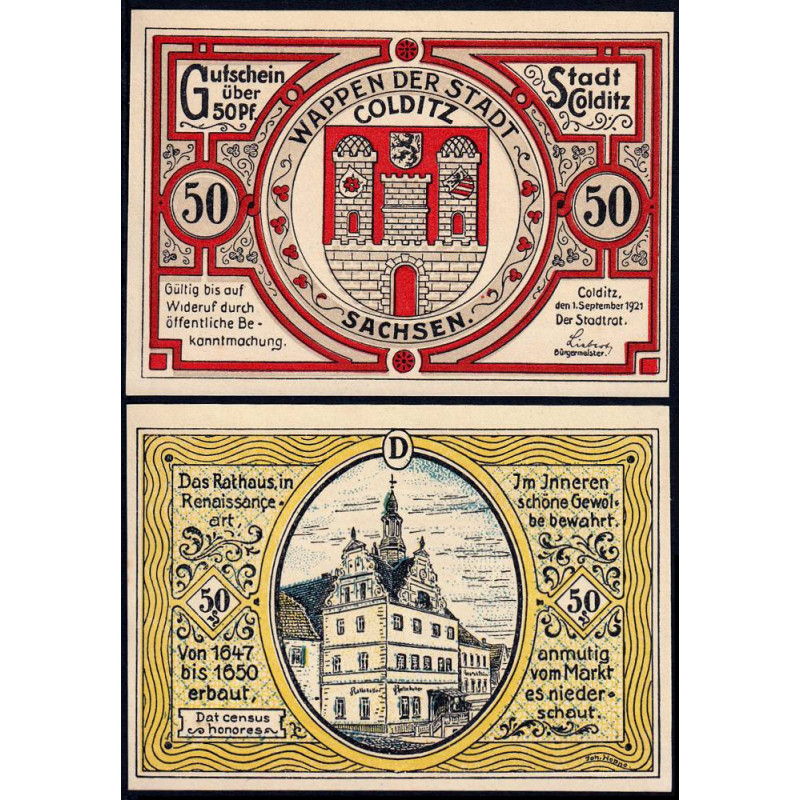 Allemagne - Notgeld - Colditz - 50 pfennig - Lettre D - 01/09/1921 - Etat : SPL