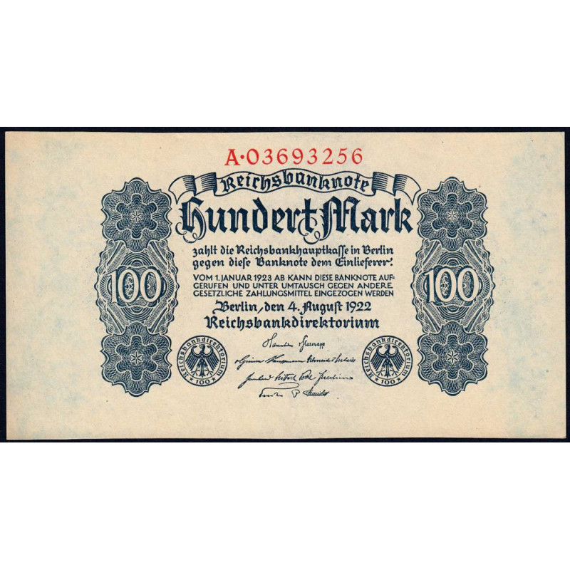 Allemagne - Pick 75 - 100 mark - 04/08/1922 - Série A- Etat : pr.NEUF