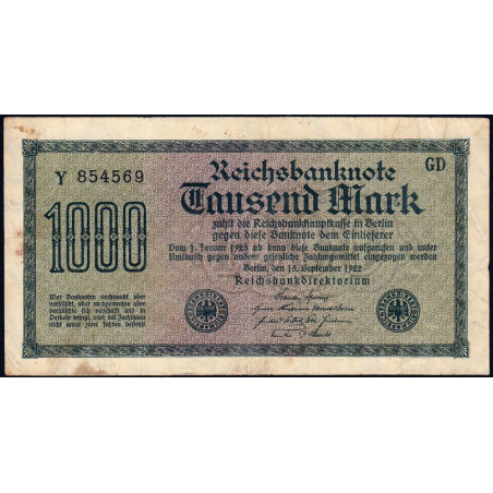 Allemagne - Pick 76a - 1'000 mark - 15/09/1922 - Série GD - Etat : TB