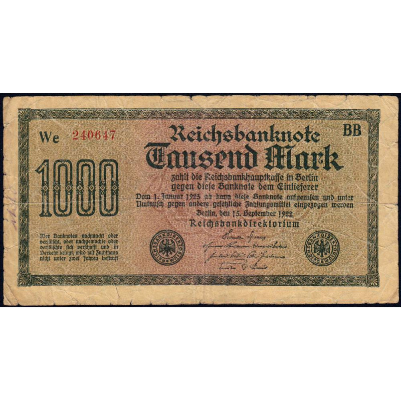 Allemagne - Pick 76b_1 - 1'000 mark - 15/09/1922 - Série BB - Etat : TB-