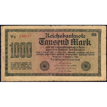 Allemagne - Pick 76b_1 - 1'000 mark - 15/09/1922 - Série BB - Etat : TB-