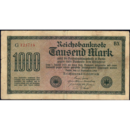 Allemagne - Pick 76b_1 - 1'000 mark - 15/09/1922 - Imp. BX - Série G - Etat : TB