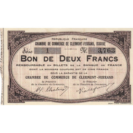 Clermont-Ferrand, Issoire - Pirot 48-2 - 2 francs - Série 1 - Sans date (1918) - Etat : SPL à NEUF