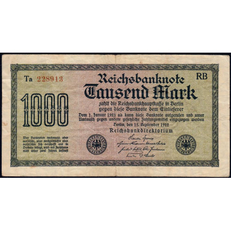 Allemagne - Pick 76c_1 - 1'000 mark - 15/09/1922 - Série RB - Etat : TB+