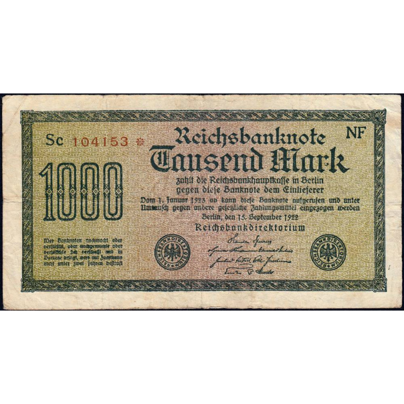 Allemagne - Pick 76c_4 - 1'000 mark - 15/09/1922 - Série NF - Etat : TB