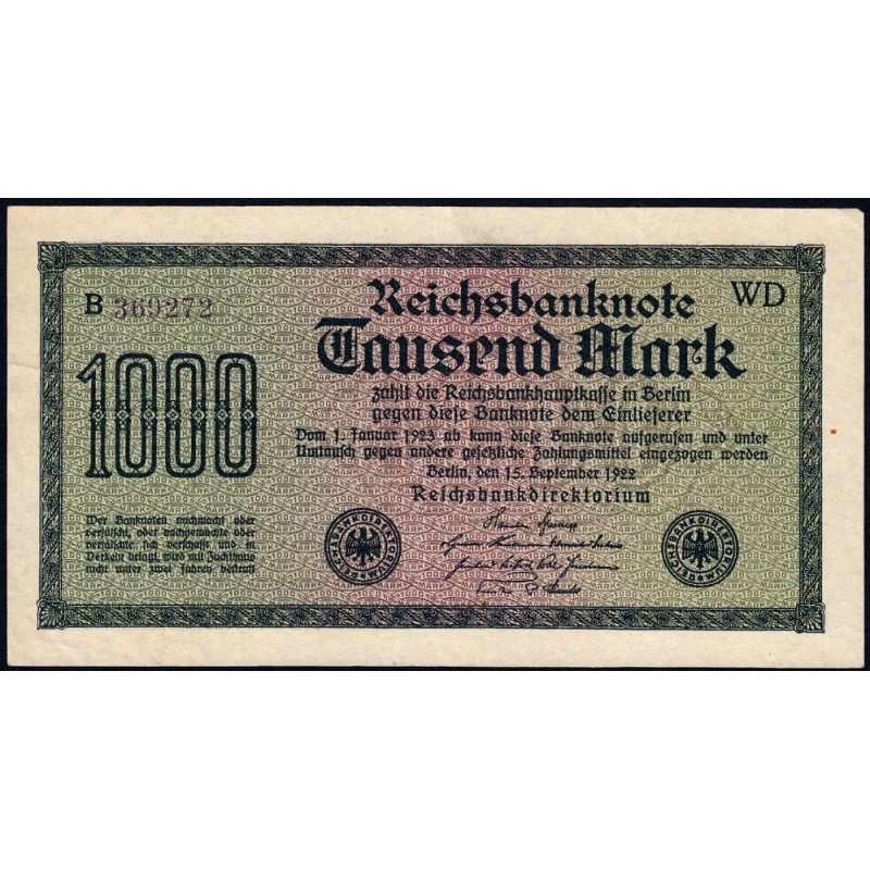 Allemagne - Pick 76d_1 - 1'000 mark - 15/09/1922 - Imp. WD - Série B - Etat : TTB+