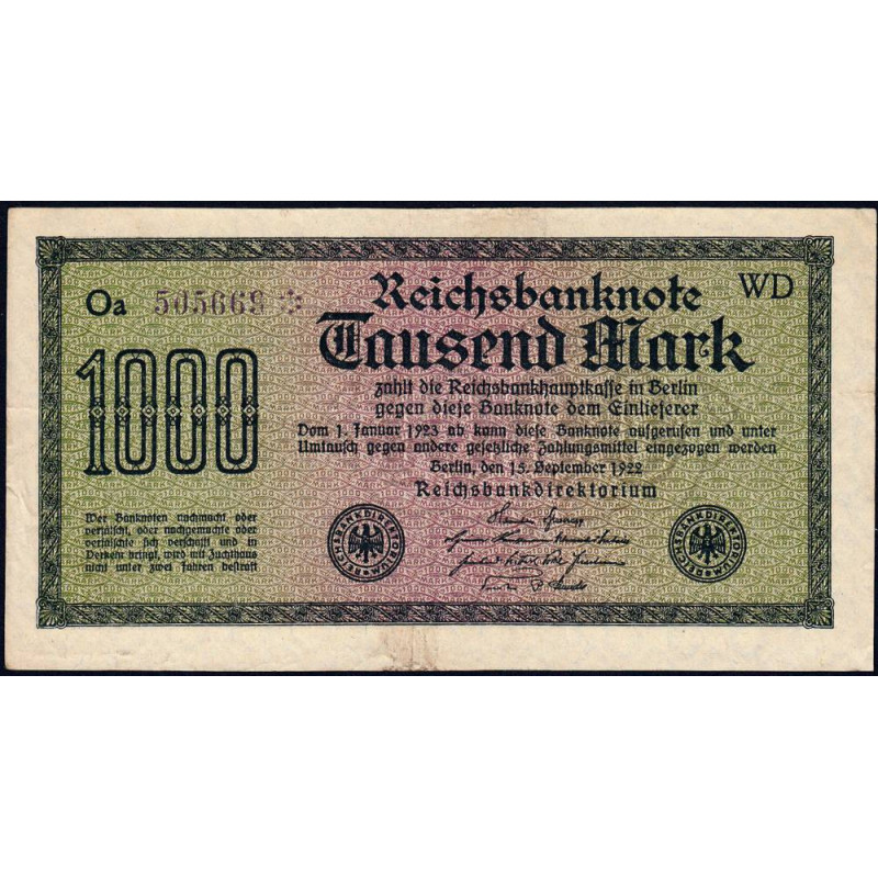 Allemagne - Pick 76d_3 - 1'000 mark - 15/09/1922 - Imp. WD - Série Oa - Etat : TTB