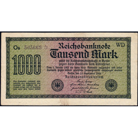 Allemagne - Pick 76d_3 - 1'000 mark - 15/09/1922 - Imp. WD - Série Oa - Etat : TTB