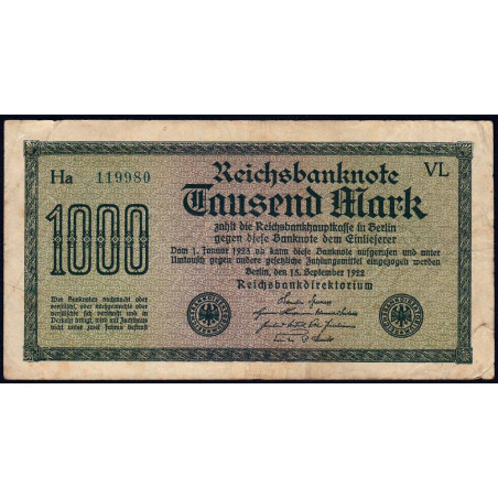 Allemagne - Pick 76e - 1'000 mark - 15/09/1922 - Série VL - Etat : TB+