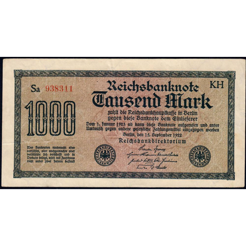 Allemagne - Pick 76f - 1'000 mark - 15/09/1922 - Série KH - Etat : TTB+