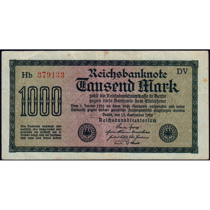 Allemagne - Pick 76g_1 - 1'000 mark - 15/09/1922 - Série DV - Etat : TTB
