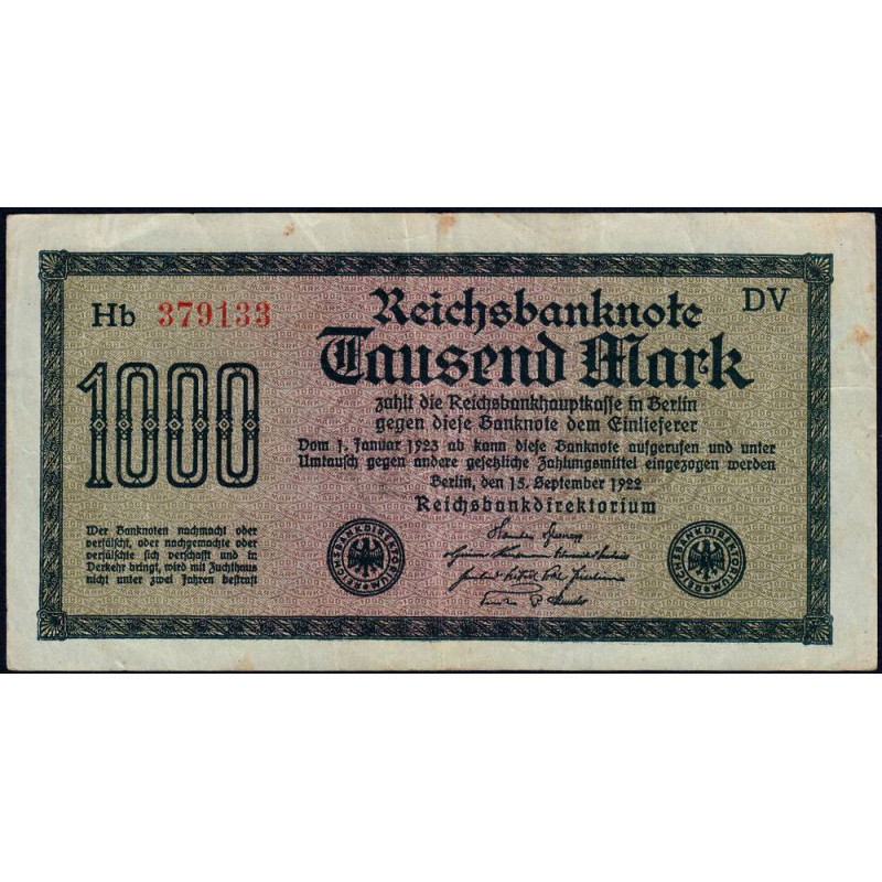 Allemagne - Pick 76g_1 - 1'000 mark - 15/09/1922 - Imp. DV - Série Hb - Etat : TTB