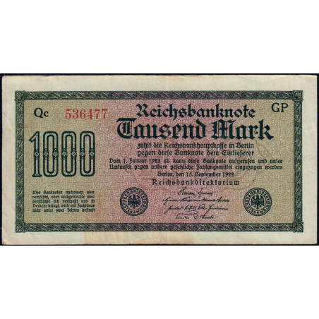 Allemagne - Pick 76g_1 - 1'000 mark - 15/09/1922 - Série GP - Etat : TB+