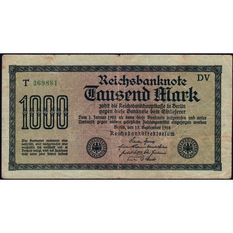 Allemagne - Pick 76h - 1'000 mark - 15/09/1922 - Imp. DV - Série T - Etat : TB