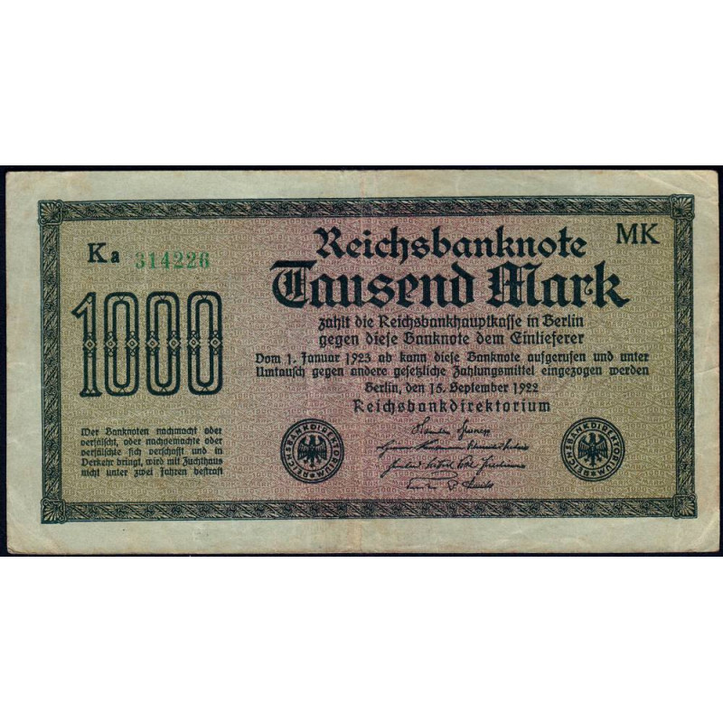 Allemagne - Pick 76h - 1'000 mark - 15/09/1922 - Série MK - Etat : TTB