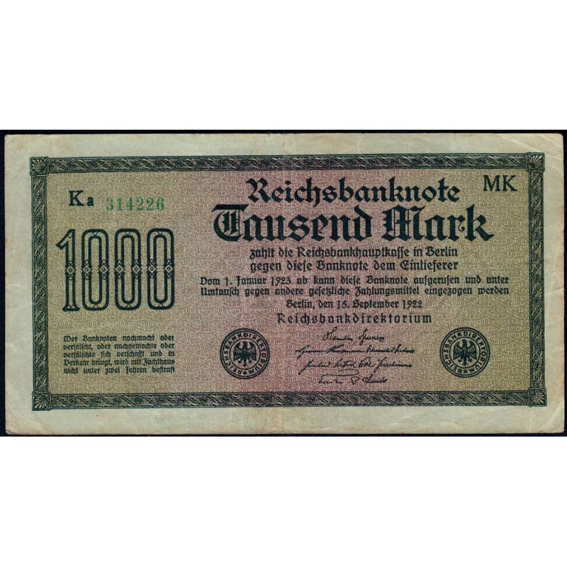 Allemagne - Pick 76h - 1'000 mark - 15/09/1922 - Imp. MK - Série Ka - Etat : TTB