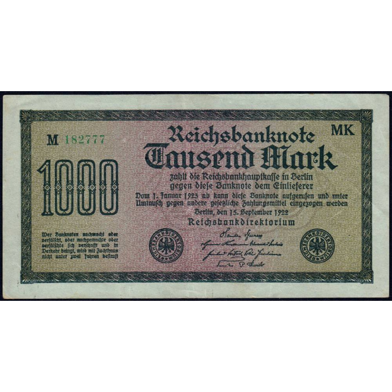 Allemagne - Pick 76h - 1'000 mark - 15/09/1922 - Série MK - Etat : SUP
