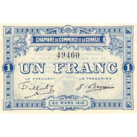 Corrèze (Brive, Tulle) - Pirot 51-3 - 1 franc - Sans série - 25/03/1915 - Etat : SUP+