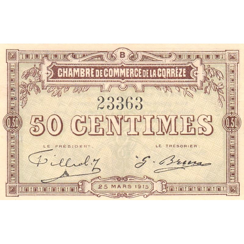 Corrèze (Brive, Tulle) - Pirot 51-4 - 50 centimes - Série B - 25/03/1915 - Etat : SUP+