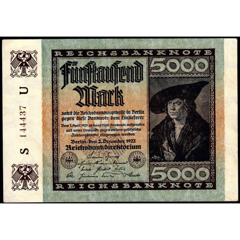 Allemagne - Pick 81a_1 - 5'000 mark - 02/12/1922 - Imp. U - Série S - Etat : TTB