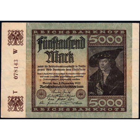 Allemagne - Pick 81a_1 - 5'000 mark - 02/12/1922 - Imp. W - Série T - Etat : TB+