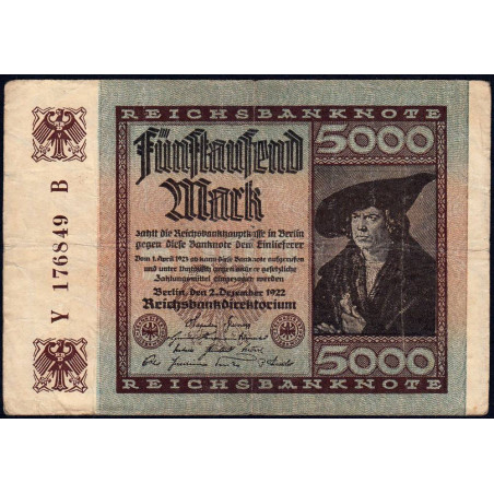 Allemagne - Pick 81a_1 - 5'000 mark - 02/12/1922 - Imp. B - Série Y - Etat : TB