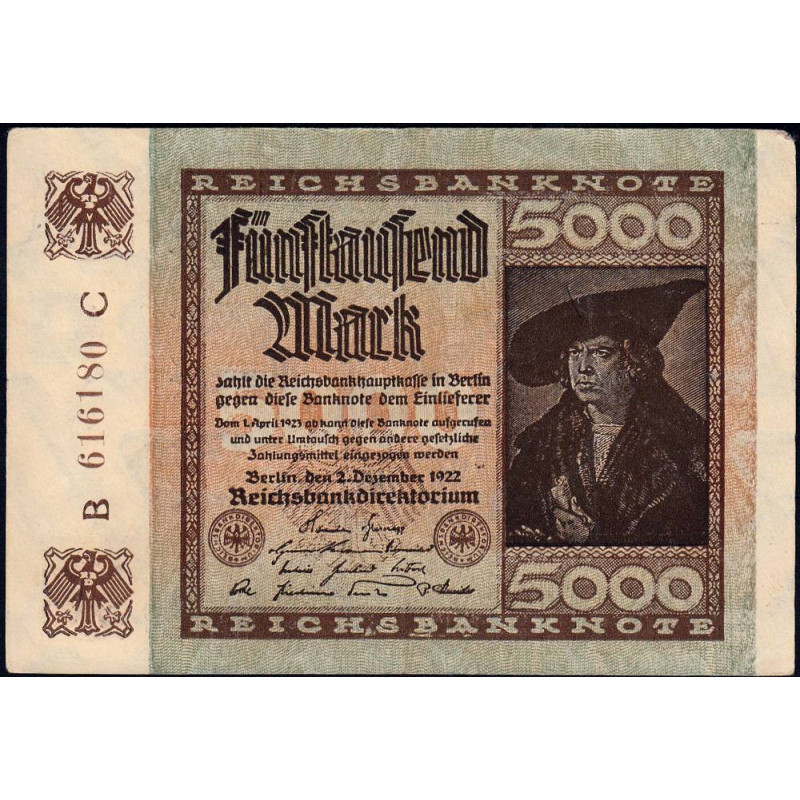Allemagne - Pick 81a_1 - 5'000 mark - 02/12/1922 - Imp. C - Série B - Etat : TTB