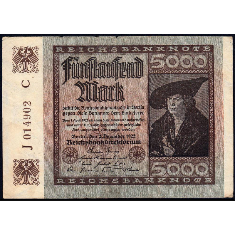 Allemagne - Pick 81a_1 - 5'000 mark - 02/12/1922 - Imp. C - Série J - Etat : TB