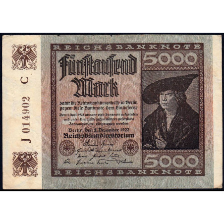 Allemagne - Pick 81a_1 - 5'000 mark - 02/12/1922 - Imp. C - Série J - Etat : TB