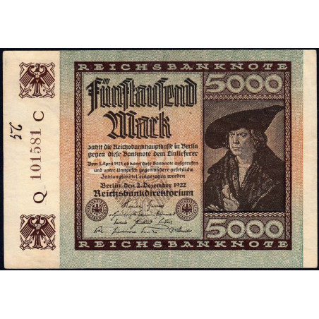 Allemagne - Pick 81a_1 - 5'000 mark - 02/12/1922 - Imp. C - Série Q - Etat : TTB