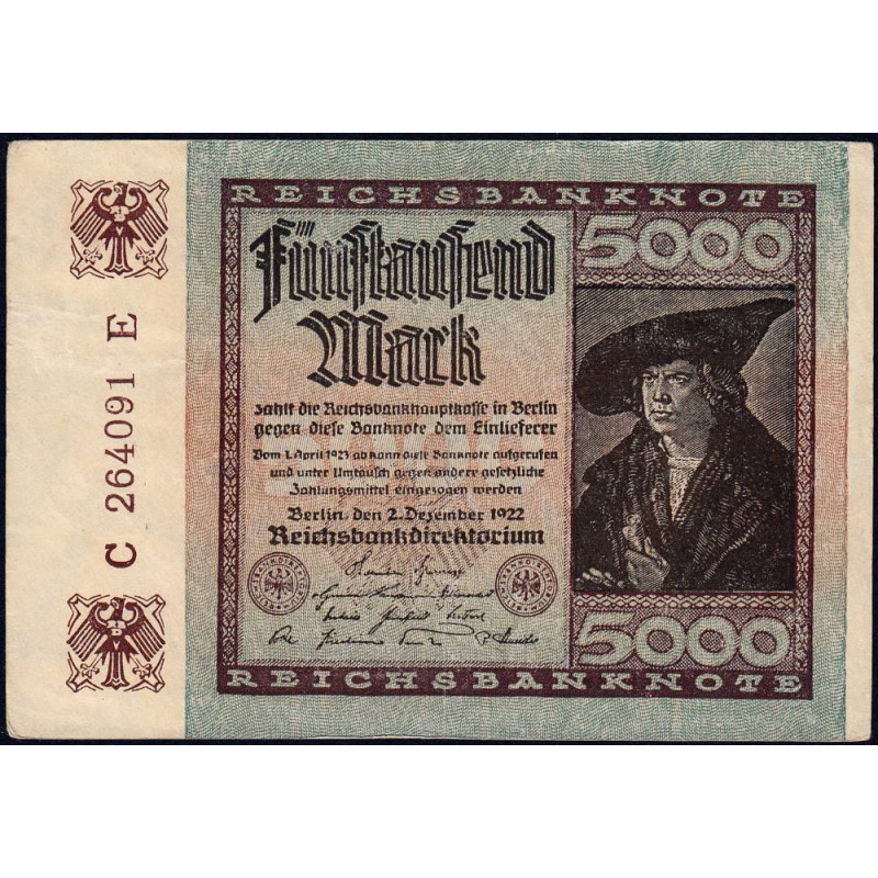 Allemagne - Pick 81a_1 - 5'000 mark - 02/12/1922 - Imp. E - Série C - Etat : TTB