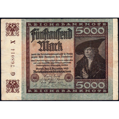 Allemagne - Pick 81a_1 - 5'000 mark - 02/12/1922 - Imp. X - Série G - Etat : TB+