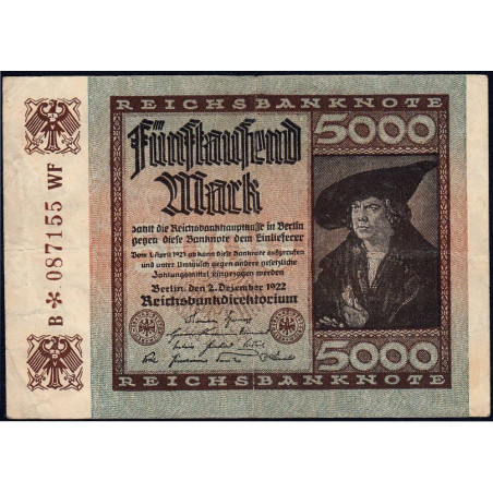 Allemagne - Pick 81a_2 - 5'000 mark - 02/12/1922 - Imp. WF - Série B- Etat : TB+