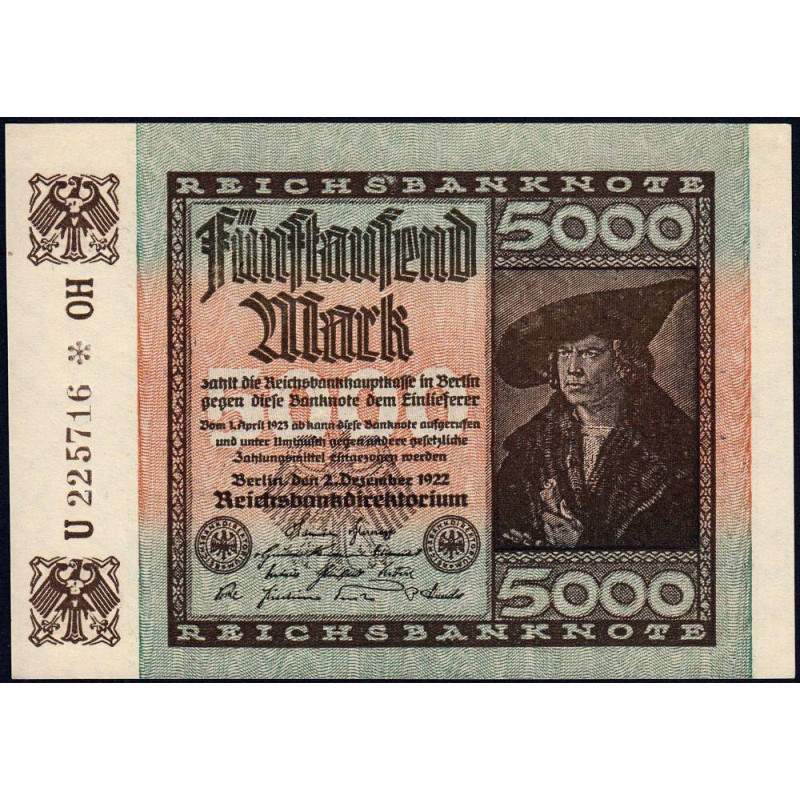 Allemagne - Pick 81b_2 - 5'000 mark - 02/12/1922 - Série OH - Etat : pr.NEUF