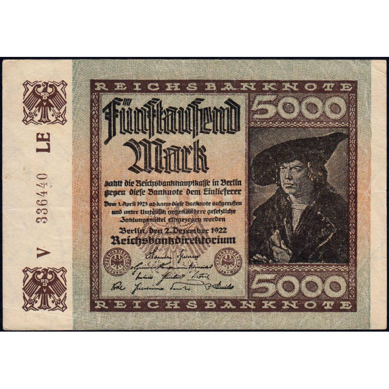 Allemagne - Pick 81c - 5'000 mark - 02/12/1922 - Imp. LE - Série V - Etat : TTB