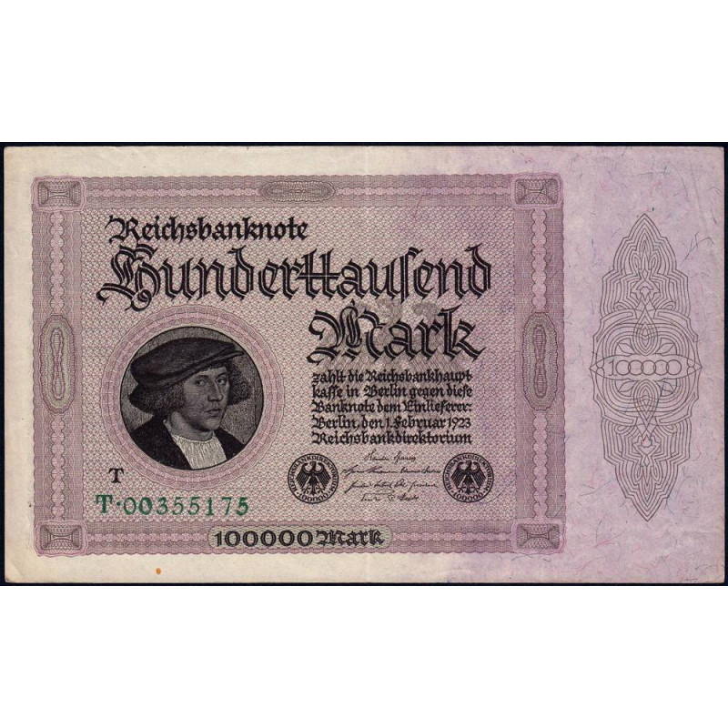 Allemagne - Pick 83c - 100'000 mark - 01/02/1923 - Série T - Etat : TTB