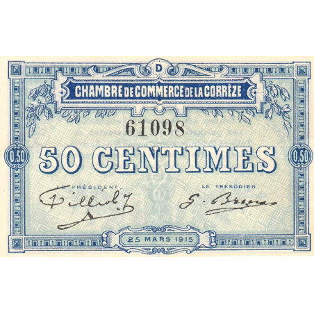 Corrèze (Brive, Tulle) - Pirot 51-8 - 50 centimes - Série D - 25/03/1915 - Etat : TTB+