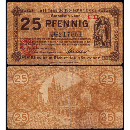 Allemagne - Notgeld - Köln - 25 pfennig - 31/12/1920 - Série C II - Réf K30.15 - Etat : TB-