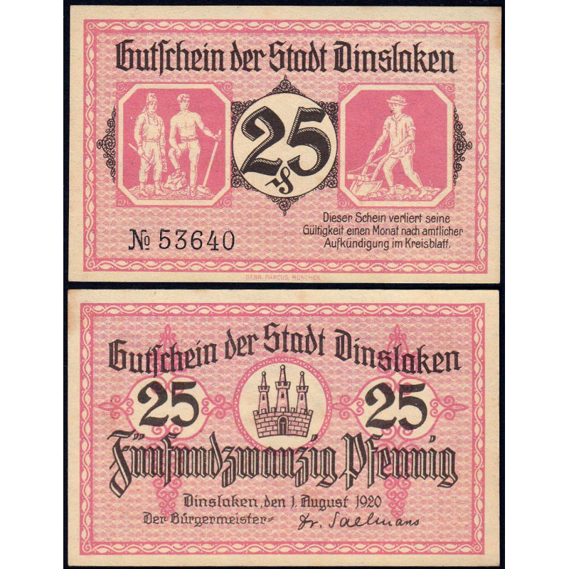Allemagne - Notgeld - Dinslaken - 25 pfennig - 01/08/1920 - Etat : SPL