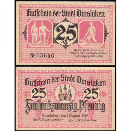 Allemagne - Notgeld - Dinslaken - 25 pfennig - 01/08/1920 - Etat : SPL