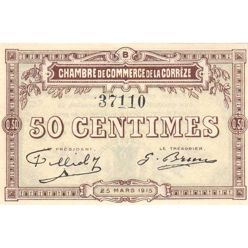 Corrèze (Brive, Tulle) - Pirot 51-4 - 50 centimes - Série B - 25/03/1915 - Etat : TTB