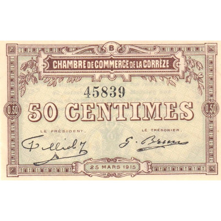 Corrèze (Brive, Tulle) - Pirot 51-4 - 50 centimes - Série B - 25/03/1915 - Etat : SPL