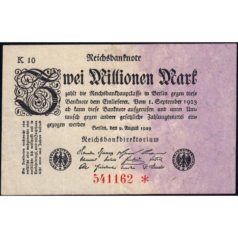 Allemagne - Pick 103_5 - 2 millions mark - 09/08/1923 - Série K 10 - Etat : TTB-