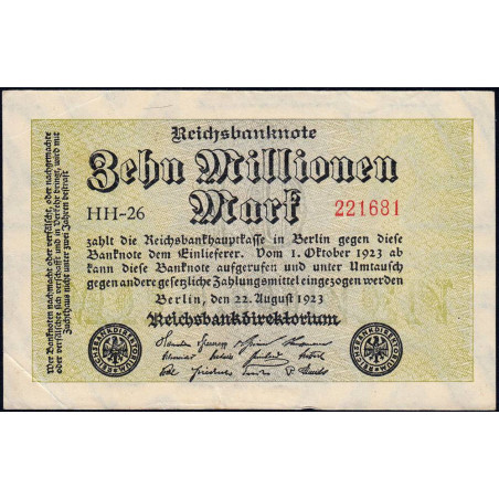 Allemagne - Pick 106a_1 - 10 millions mark - 22/08/1923 - Série HH 26 - Etat : TTB